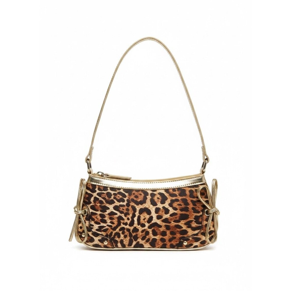 Leopard Gold Shoulder Bag with Bows, Studs Accent and Zip closure Y2K NWOT